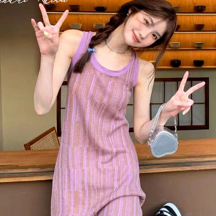 Retro Purple Holiday Slim Looking Striped Knitted Camisole Dress Bohemian Sleeveless Knitted Vest Dress for Women