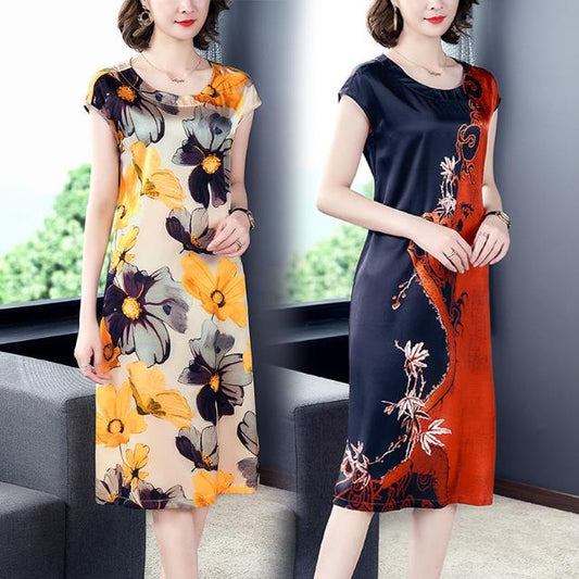 Middle-Aged and Elderly Xiang Yun Satin Dress New Multicolor Printing over the Knee Trendy Tummy Hiding plus Size Mom Dress
