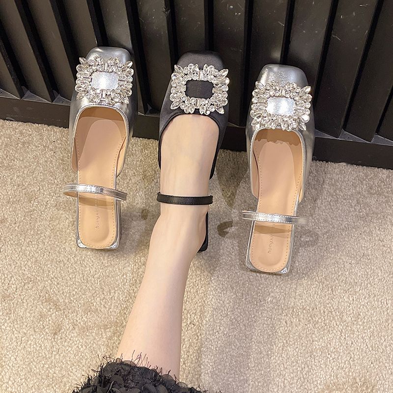 French Style Elegant Women's Square Toe Buckle Closed Toe Sandals Women's New Two-Way Low Heel Retro All-Match Elegant Sandals