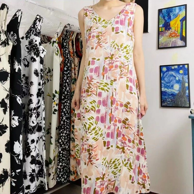 2023 New Summer Long Dress Advanced Satin Floral Suspender Skirt Wide Shoulder Strap Large Skirt Swing Skirt Floral Elegant