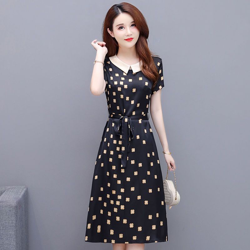 Waal Satin Young and Middle-Aged Mother Dress for Women 2022 New Summer Short Sleeve Belly Covering Slimming Floral Skirt Fashion