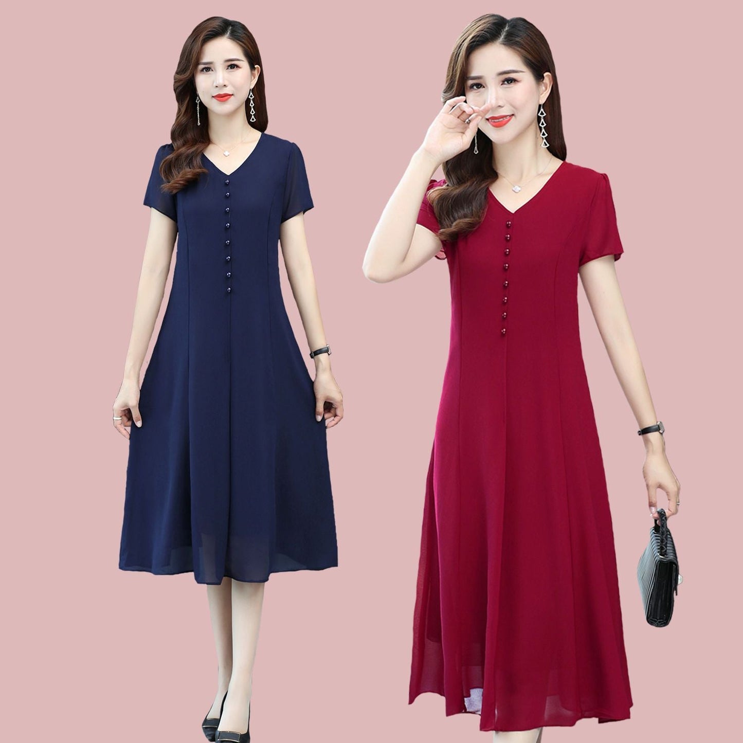 2022 New Summer Dress Mother's Chiffon Dress 40-50 Middle-Aged and Elderly Women Solid Color Overknee A- line Skirt