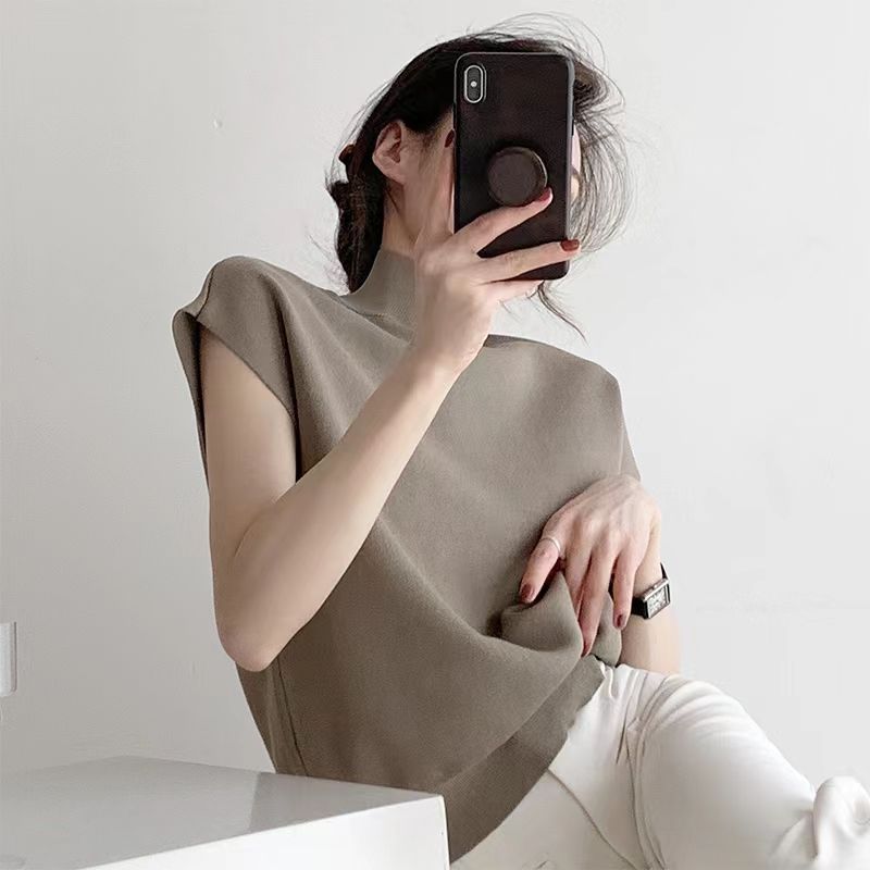 Women's Half Turtleneck Knitted Vest Summer Thin Waistcoat Vest Loose Outer Wear All-Matching Short Sleeve T-shirt Top Ins Fashion