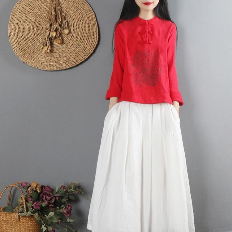 Ethnic Embroidery 100% Cotton Coat Women's Spring Clothes New Long Sleeve Shirt Chinese Style Retro Buckle Zen Tea Gown