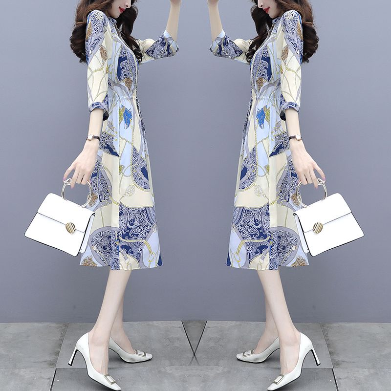 Slimming Printed Shirt Dress for Women 2023 Spring and Autumn New Light Elegant and Fashionable Elegant V-neck Waist-Slimming Dress
