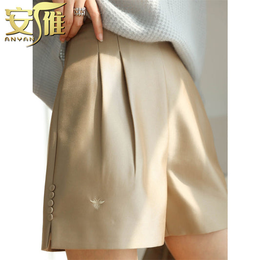 Funny Embroidery Little Bee Satin Glossy High Waist A- line Slimming Shorts Women's Small Tall Autumn and Winter New