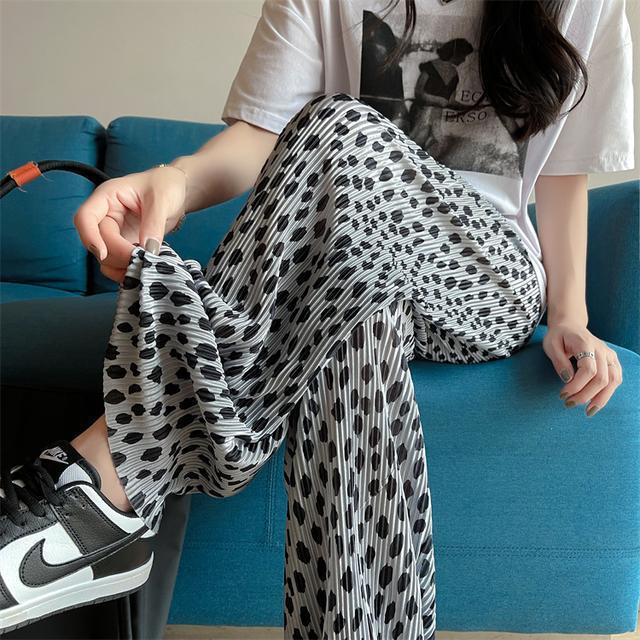 Pink Leopard Print Wide-Leg Pants Women's Style Pleated Pants Sexy Fashion All-Match Casual Pants High Waist Drooping Mop Trousers