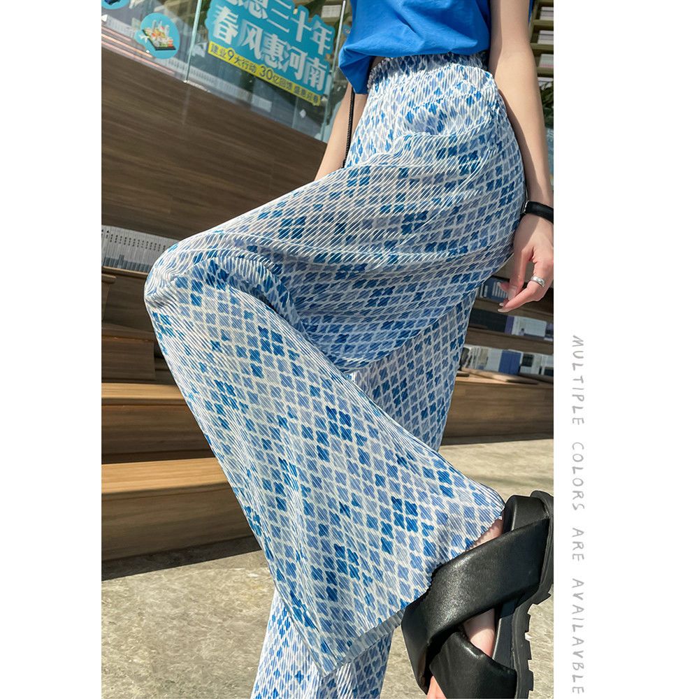 Pink Floral Wide-Leg Pants Women's New Pleated Casual Pants High Waist Slimming and Straight Draping Mopping Pants Tide