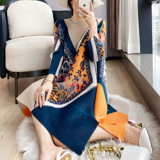 2024 Spring and Autumn New Pleated Printed round Neck Nine-Quarter Sleeve Elegant Fashionable Loose Casual Midi Dress for Women
