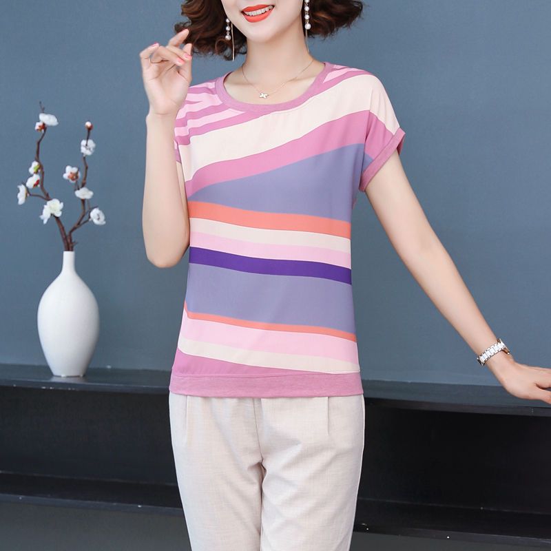Mom Clothes Summer Clothing Short Sleeve T-shirt Clothes Two-Piece Suit Middle-Aged Women Western Style Youthful-Looking Middle-Aged and Elderly 40-Year-Old 50 Suit