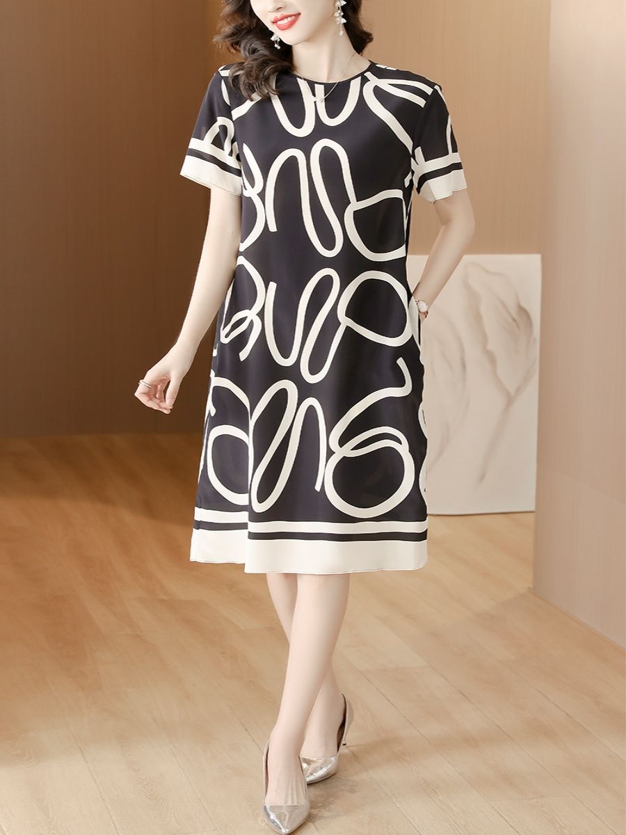 Silk Crepe De Chine round Neck Big Brand Positioning Printing Short Sleeve Commuter Dress 2024 Summer Women's Pullover Mulberry Silk Skirt