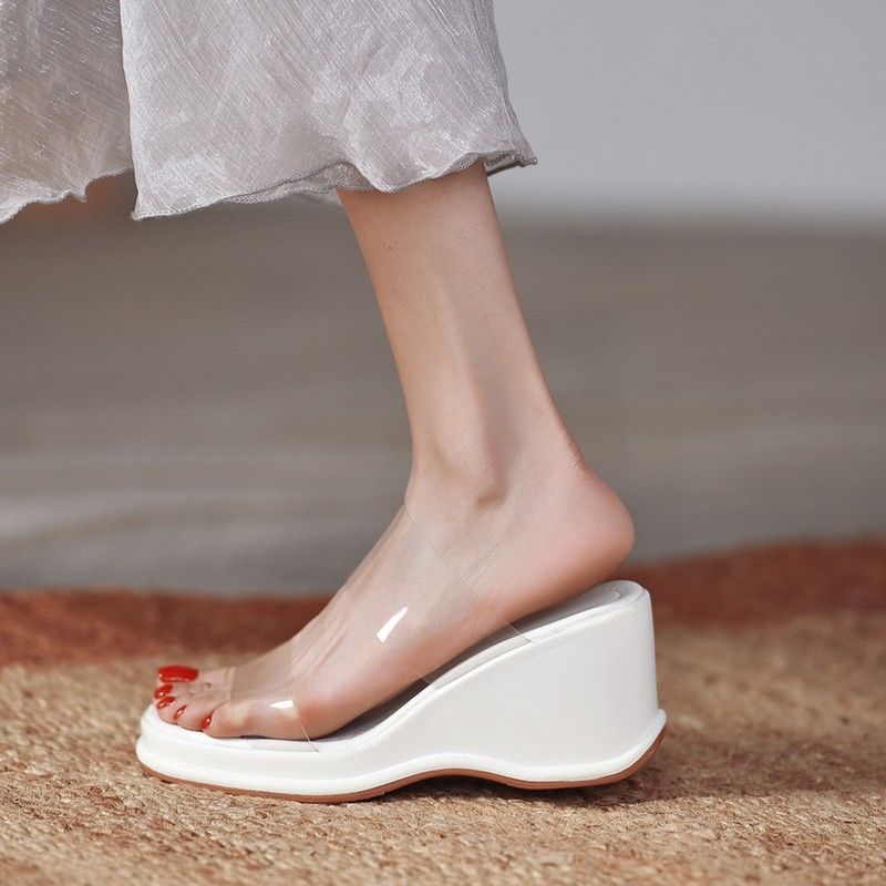 2023 Summer New Wedge Platform Sandals for Women Fashionable All-Match One-Word Platform White High Heel Sandals for Women