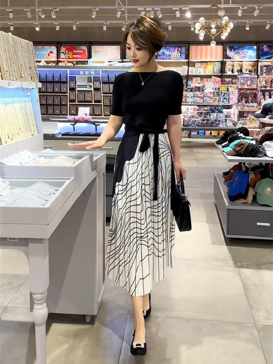 New Elegant Suit Skirt Niche round Neck Tied Design Short Sleeve Top High Waist Thin Looking Cool Striped Pleated Skirt