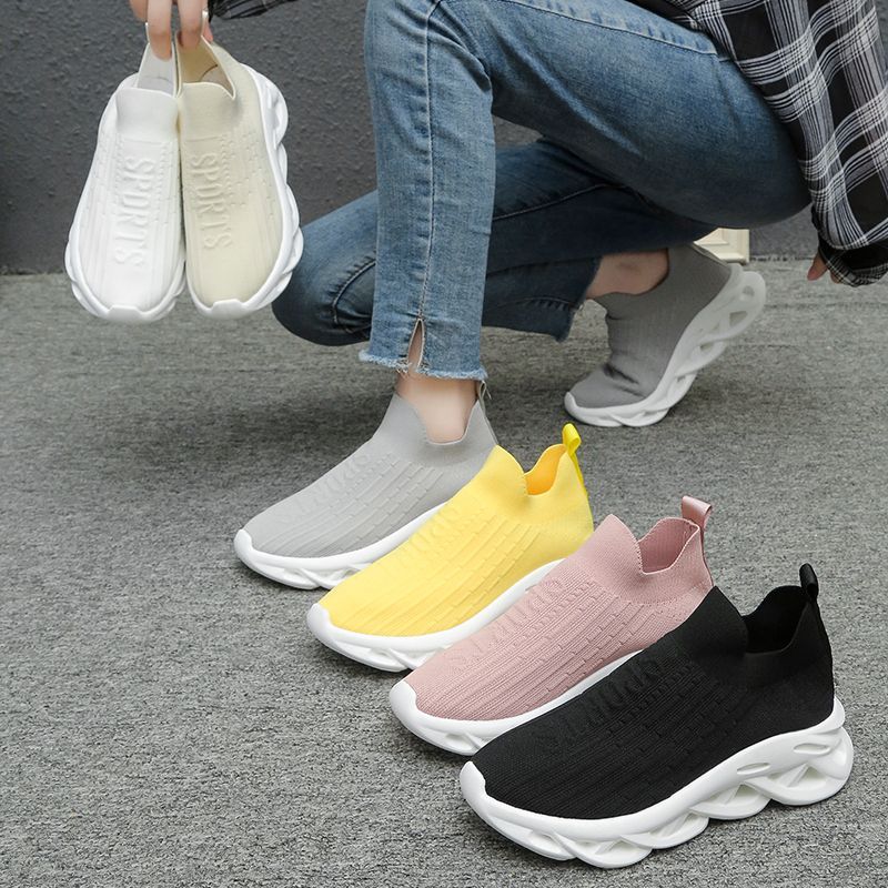 Fly-Knit Socks Shoes Slip-on Women's Shoes Spring and Autumn New Elastic Knitted Mesh Breathable Soft Bottom Sports Running Shoes
