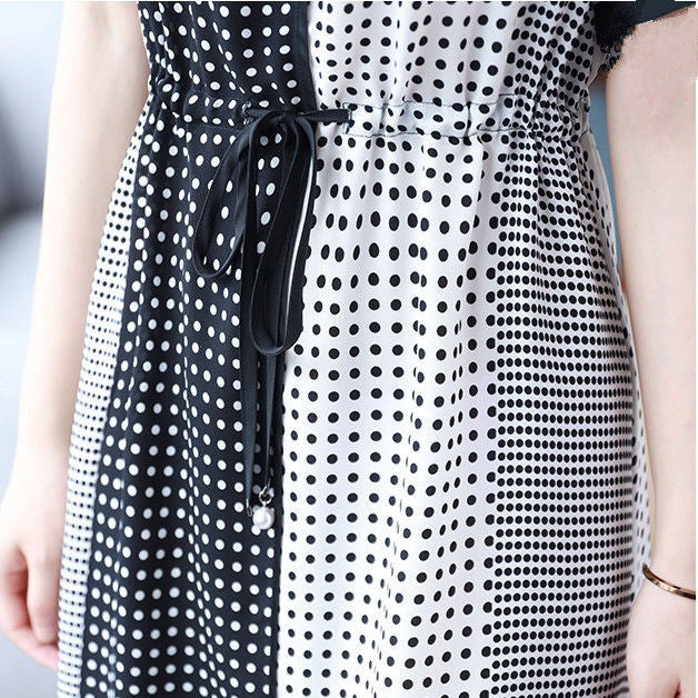 Short Sleeve Mid-Length Artificial Silk Dress 2021 Summer New Waist Slimming Zhixun Dress French A- line Skirt