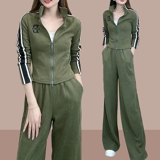 Casual Suit for Women 2024 Spring and Autumn New Solid Color Loose Slimming Versatile Stand Collar Top Sports Two-Piece Suit Fashion