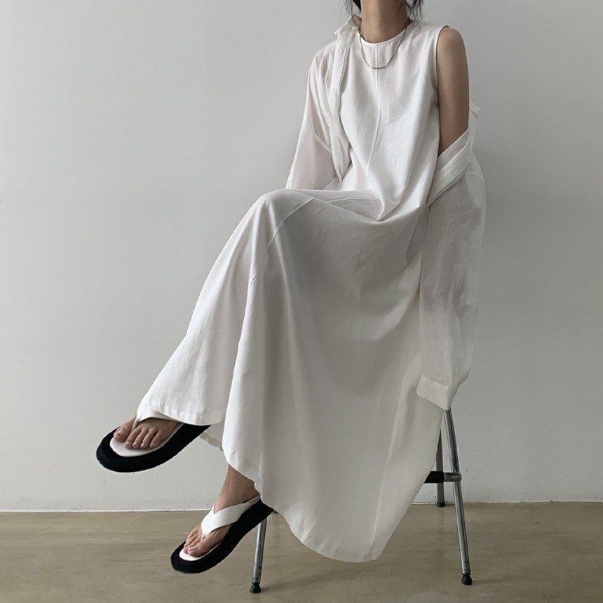 [Natural Cotton and Linen] Korean Style round Neck Loose Solid Color Casual Swing Sleeveless Long Cotton and Linen Dress Idle Style