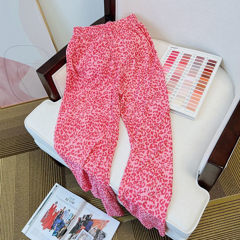 Pink Leopard Print Design Wide-Leg Pants Women's Pleated Style Versatile Casual Pants Loose High Waist Slimming Straight Pants