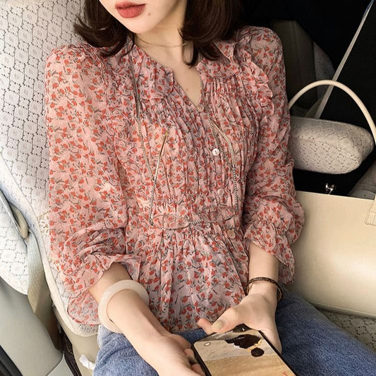Mature Elegant Fairy Lace Polo Collar Top Korean Style Shirt 2023 Spring and Summer New Long Sleeve Floral Chiffon Shirt for Women