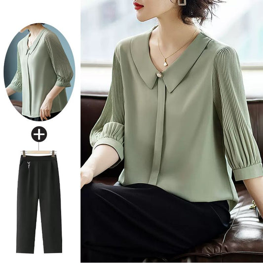 Middle-Aged Mother Noble Temperament Chiffon Suit Middle-Aged and Elderly T-shirt Casual Top 40-Year-Old Women's Summer Wear New Small Shirt