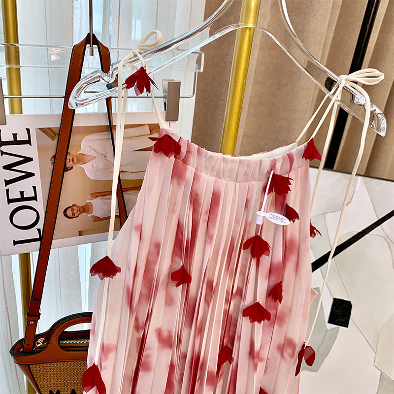 French Retro Printing Slip Dress High-Grade Halter Chiffon Seaside Vacation Dress 2022 Summer New