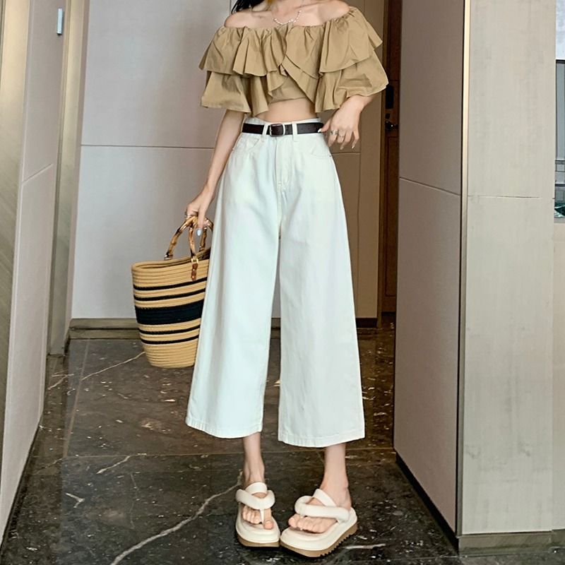 High Waist Slimming and Wide Leg Cropped Jeans Women's Small Retro Easy Matching Cropped Niche Design Casual Pants Summer