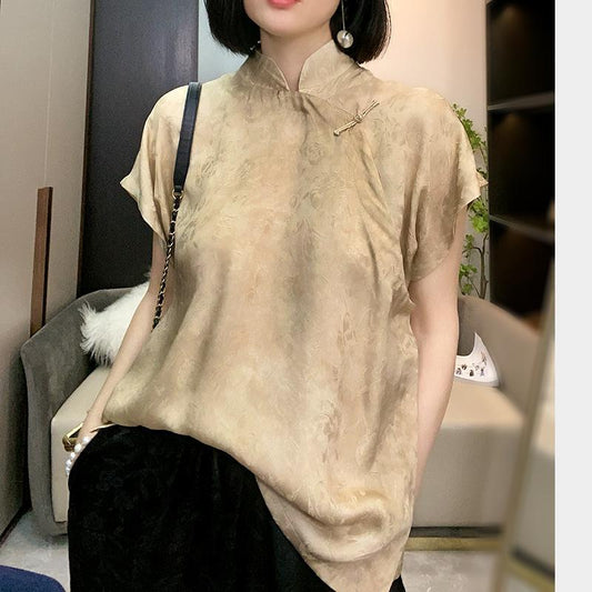 Chinese Style Suxi Enchanting Eyebrow Improved Cheongsam Style Artificial Silk Linen-like Jacquard Stand Collar Buckle Design Shirt