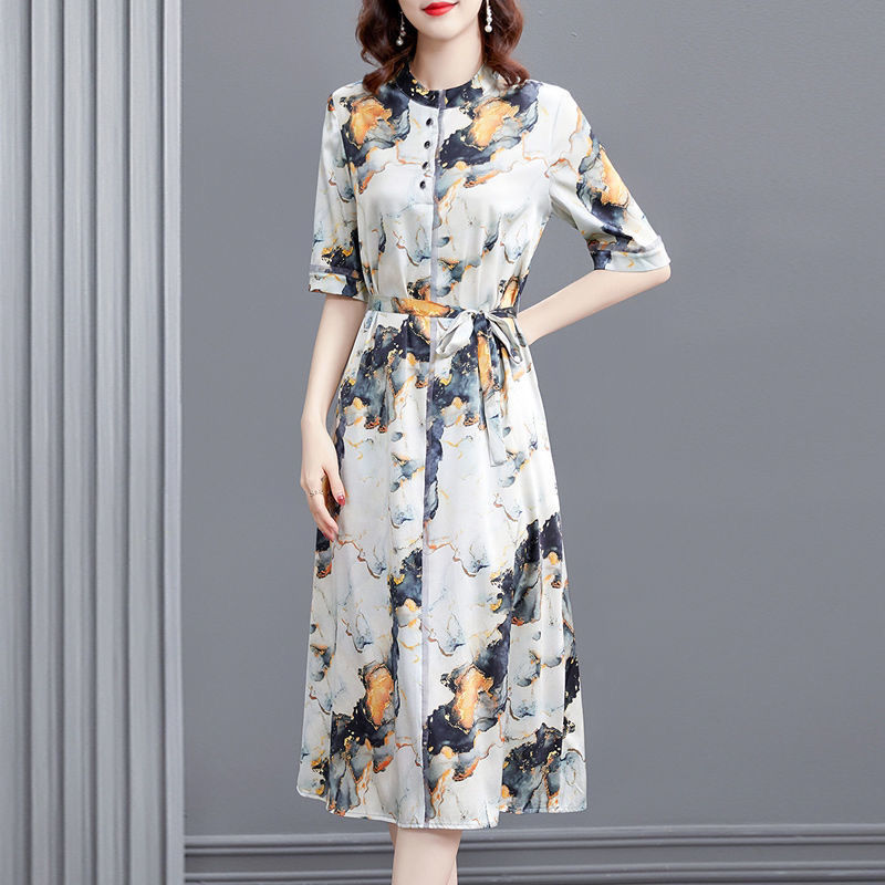 Heavy Satin Floral Dress for Women Autumn 2024 New Luxury Lady Age-Reducing Feel Cold Satin Dress