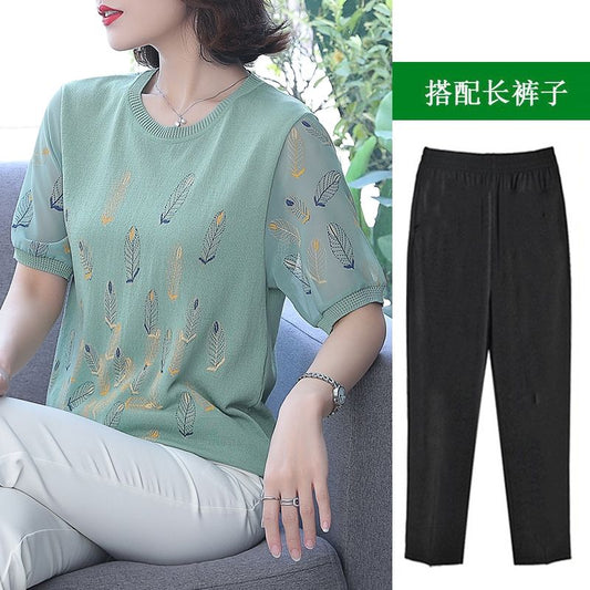 Mom's Summer Ice Silk Short-Sleeved T-shirt 2023 New Middle-Aged and Elderly Women's Summer Top Western Style Two-Piece Suit
