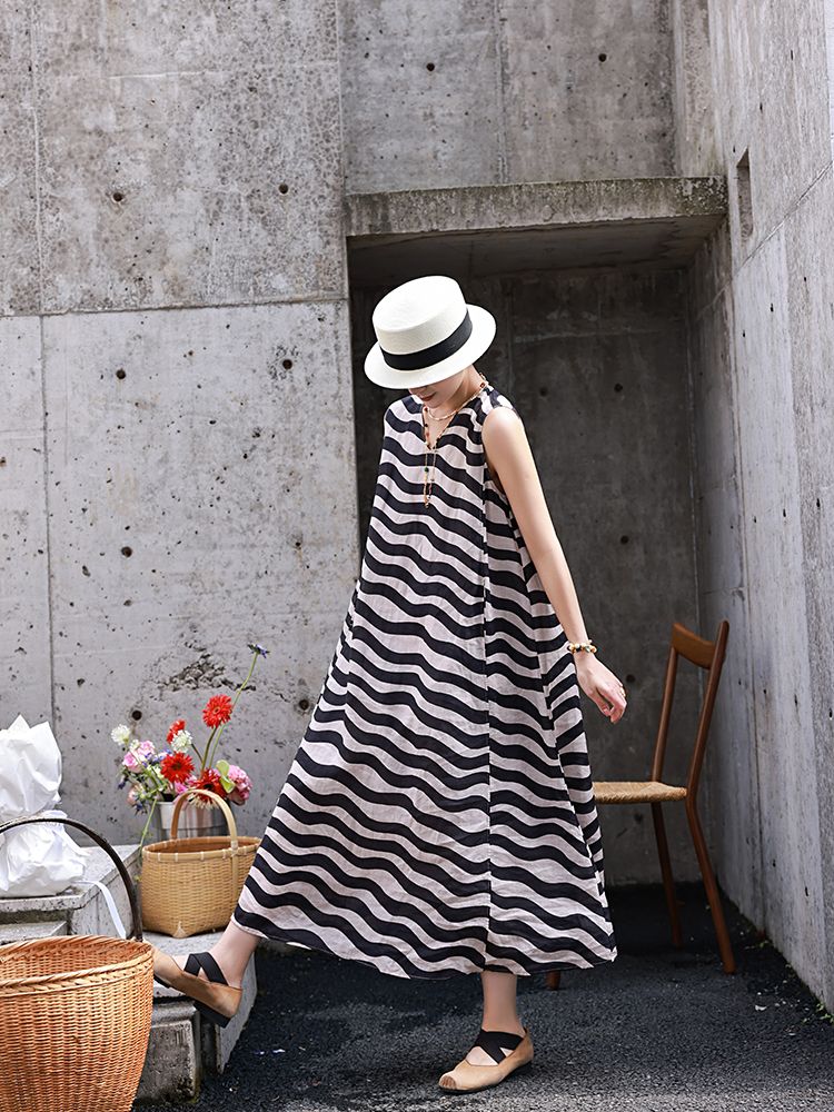High-End Cotton and Linen Dress Women's Summer Sleeveless Vest Dress Korean Style plus Size Loose-Fitting Slim-Fit Long Dress Travel Vacation Dress