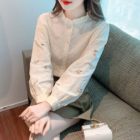 2023 Autumn New Embroidered Stand Collar Fungus Long Sleeve Shirt Women's French Professional Lace Pure Cotton Shirt Women's