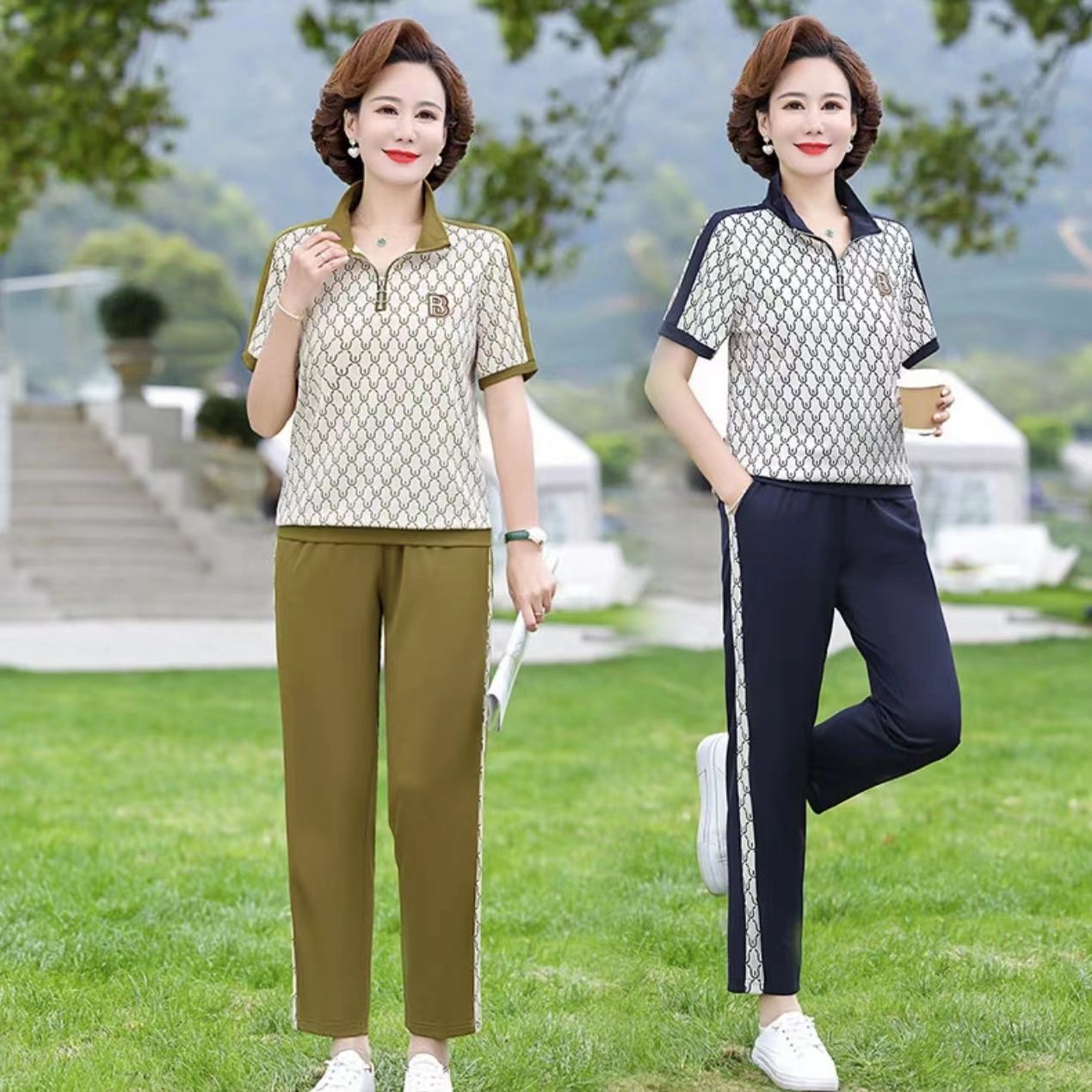 Young Middle-Aged Mom Summer Clothes Printed Shirt Short-Sleeved Sportswear Suit Fashionable Stylish Lapel Casual Two-Piece Suit