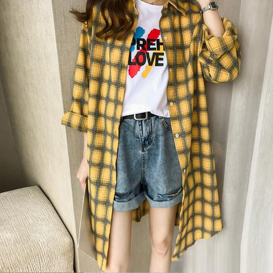 Plaid Long Sleeve Thin Sun Protective Clothes Coat Mid-Length Shirt Women's New Korean Style Loose Slimming Large Size Shirt Fashion