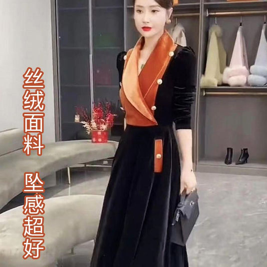 Dress 2024 New Dress Suit Collar Ins Style Color Matching Contrast Color Korean Style Elegant Outer Wear Long Dress