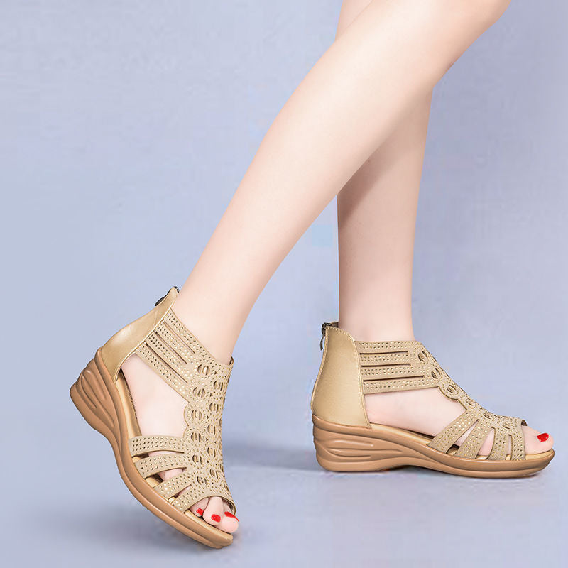 Women's Summer Wedge Sandals 2021 New Roman Mother Rhinestone Peep Toe Mid Heel Women's Soft Bottom Open Toe Middle-Aged Sandal Boots