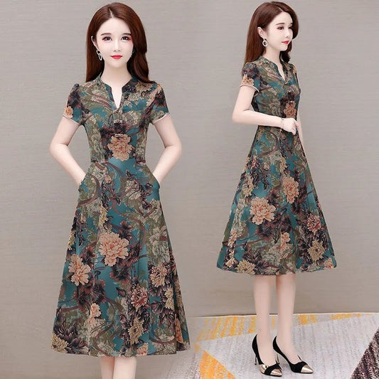High-End Cheongsam Dress for Women 2023 Summer New Mid-Length Slimming Elegant Belly Covering Young Mother Long Dress