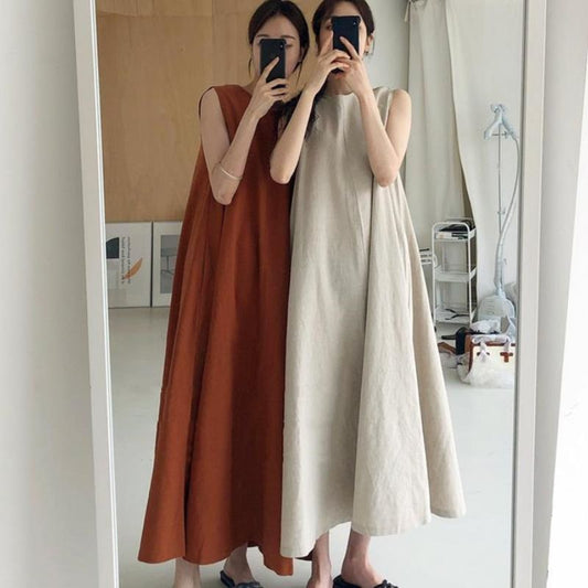[Natural Cotton and Linen] Korean Style round Neck Loose Solid Color Casual Swing Sleeveless Long Cotton and Linen Dress Idle Style