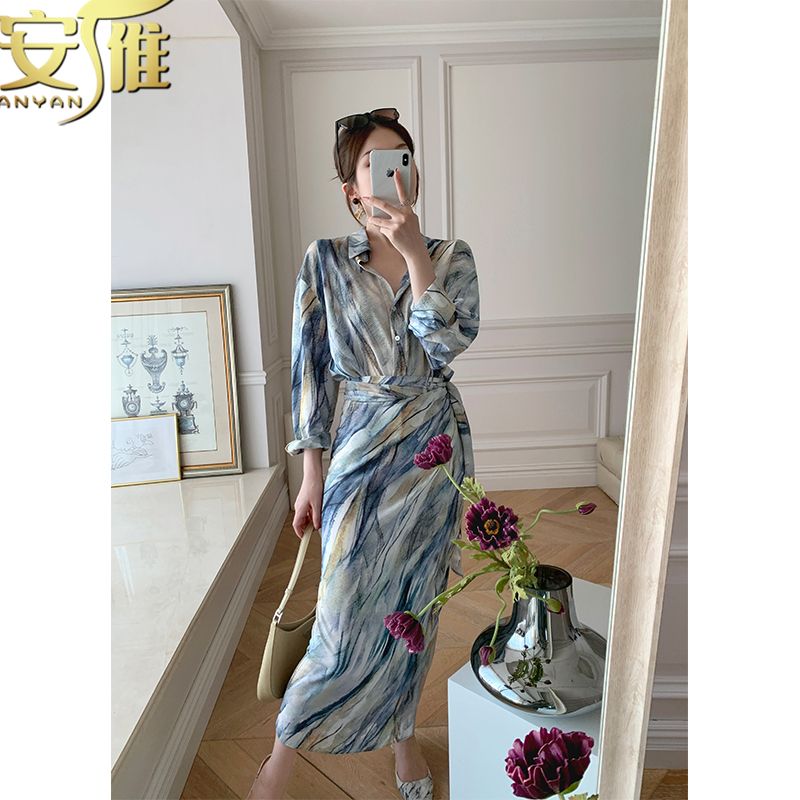 Anyan 2024 Unique Pattern Early Autumn Van Gogh Tone Commuter French Shirt Skirt Thin Suit Female Early Autumn