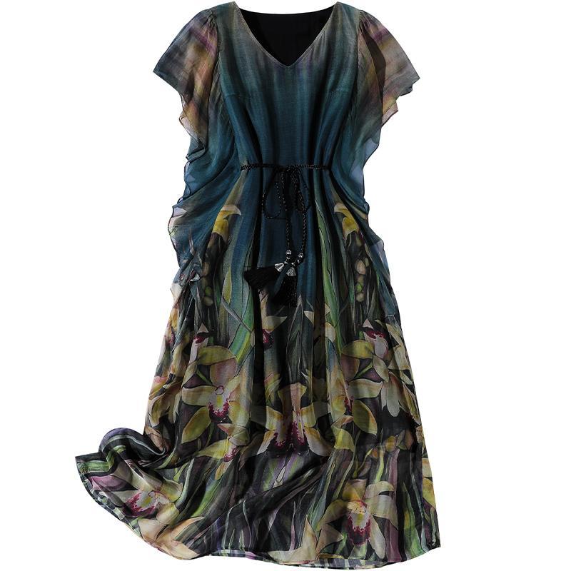 Noble Mother Printed Skirt V-neck Tea Dress Elegant Lady Dress Tight Waist Artificial Silk Dress