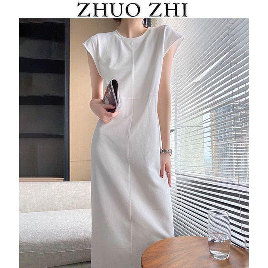 "Zhuo ZHI" Pháp phong cách lỏng không tay ăn mặc giản dị cho phụ nữ 2023 mùa hè mới đi lại OL Trắng Midi Dress