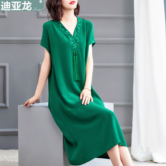 Diyalong plus Size Dress for Women 2021 Summer Loose Retro Ethnic Style Elegant Green Dress