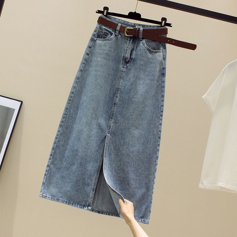 Retro High Waist Denim Skirt Women's Summer Thin A- line Mid-Length Sheath Split Skirt Hot Girl Fashion Ins