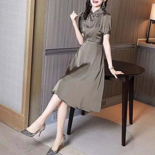 2023 New Summer Royal Sister Light Familiar Style French Style Long Slim Waist Embroidered Acetate Satin Shirt Dress for Women