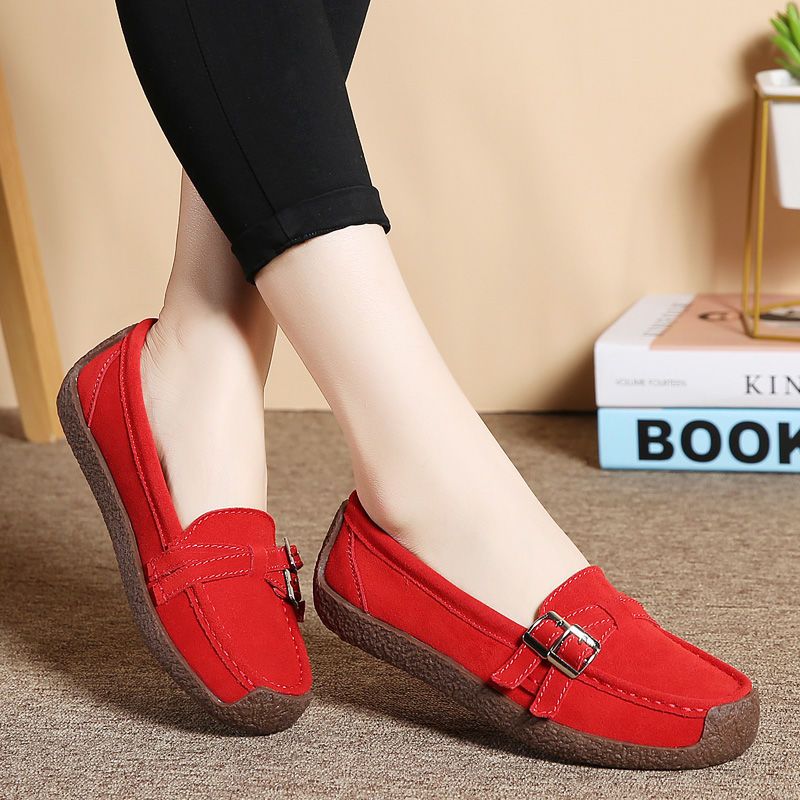 Genuine Leather Non-Slip Gommino Women's Spring and Autumn Low-Top Shoes Casual Flat Shoes round Toe Casual Shoes Large Size Mom Shoes