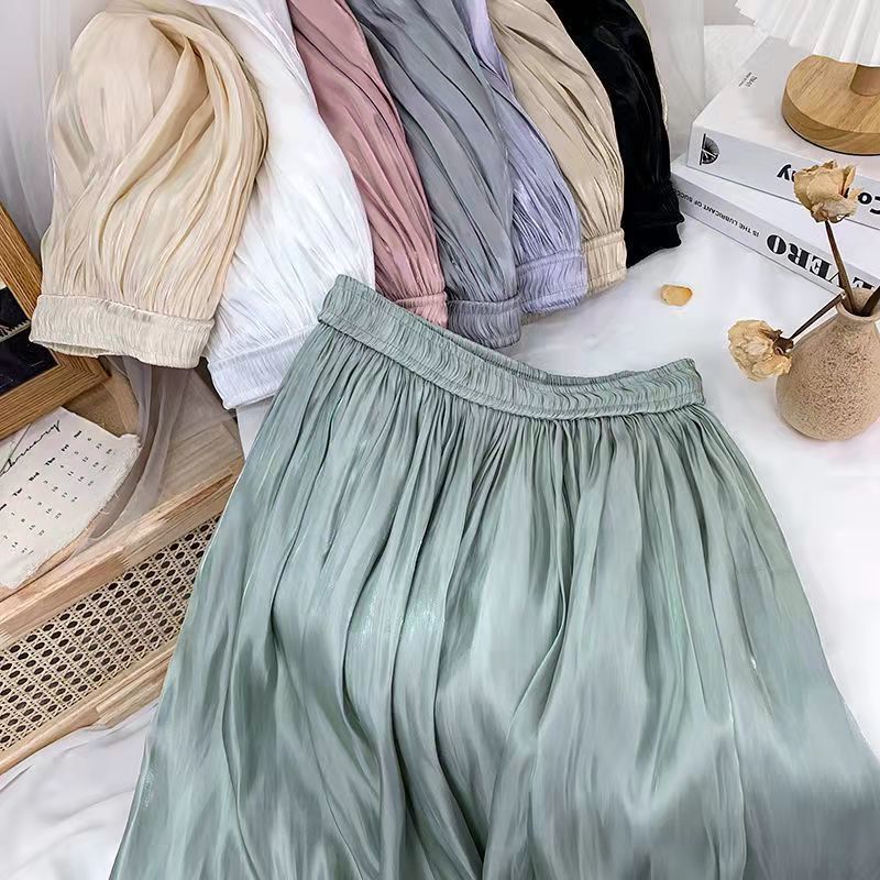 Pearl Yarn Chiffon Skirt Women's Large Size Summer Thin High Waist Slimming Temperamental Fairy A- line Pleated Midi Skirt