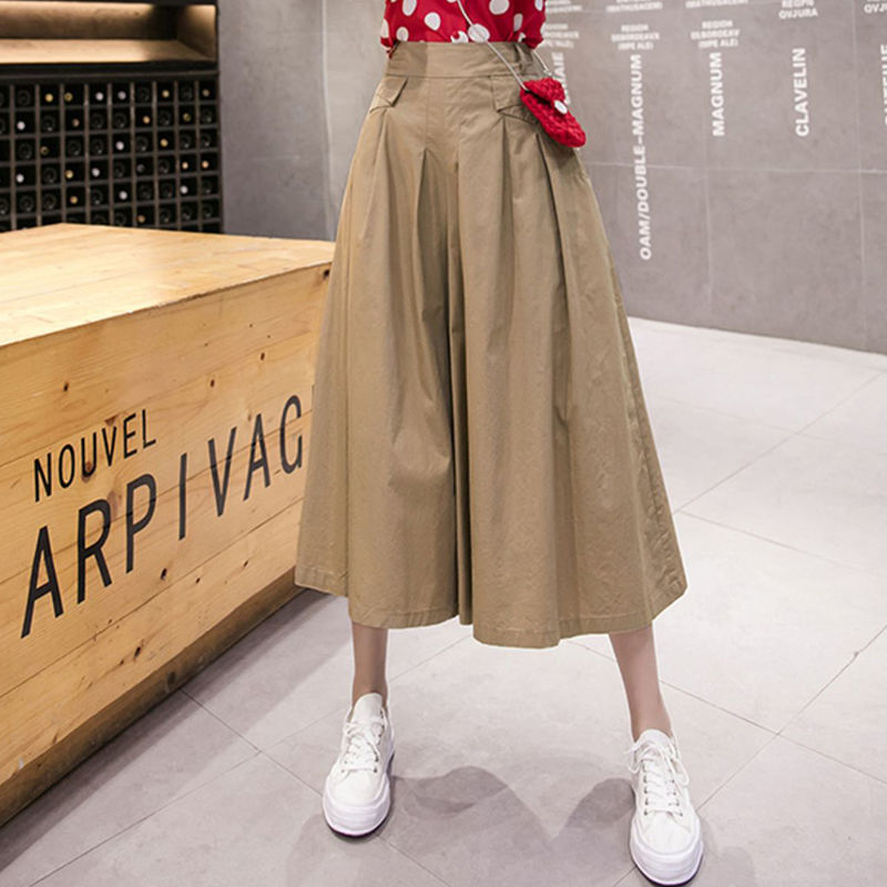 Quần culottes cạp cao nữ xuân hè mới màu trơn Quần ống rộng dáng rộng lưng thun Quần crop thường ngày Quần thời trang Ins