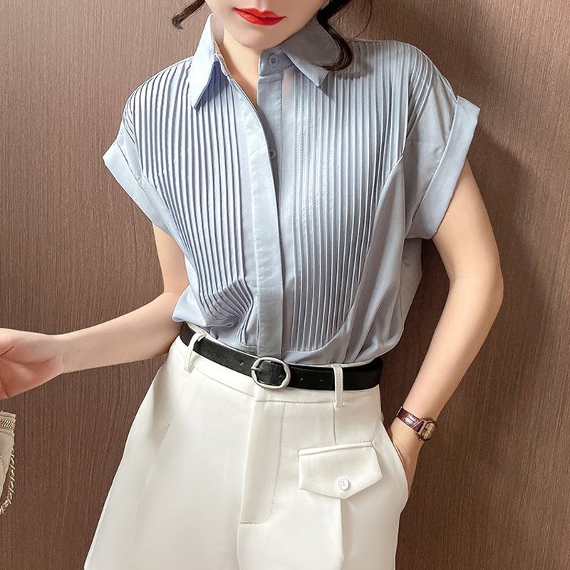 Short-Sleeved White Shirt Women's Summer Organ Pleated Loose Business Shirt Design Sense Niche Chiffon Drop-Shoulder Sleeve Top Fashion