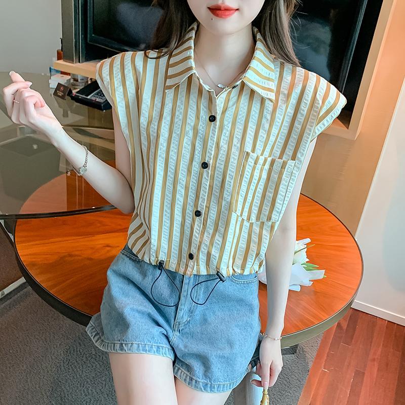 Flying Sleeve Striped Shirt for Women2023New Summer Design Sense Niche Drawstring French Short Sleeveless Top