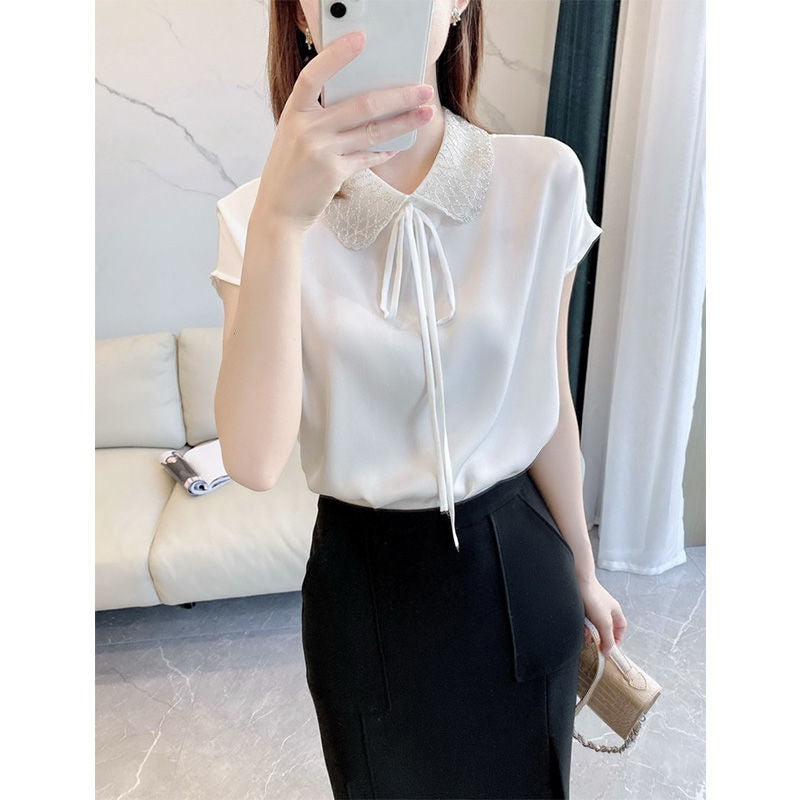 High-End Acetate Satin Shirt Women's Short-Sleeved Shirt 2024 New Summer Doll Collar Western Style Small Shirt White Shirt