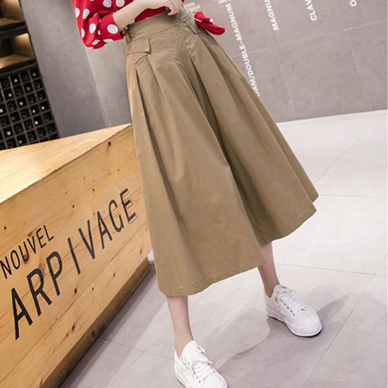 Quần culottes cạp cao nữ xuân hè mới màu trơn Quần ống rộng dáng rộng lưng thun Quần crop thường ngày Quần thời trang Ins